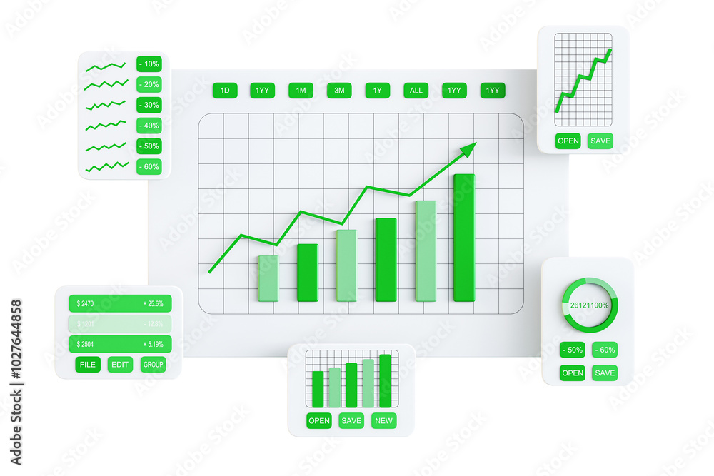 Poster financial charts and graphs, clean layout on white background. 3d rendering