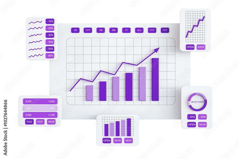 Poster financial graph with bars and trend lines, white background, concept of business. 3d rendering