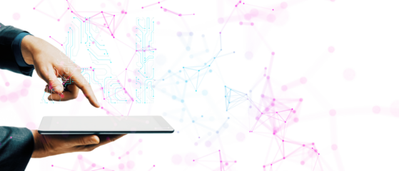 Hands using tablet, digital circuit network, white background, technology concept