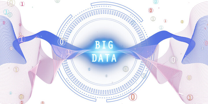 Digital waves and binary code around Big Data text, white background, concept of data analysis. 3D Rendering