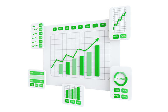 Green graph bars and statistics on white panels, white background, technology concept. 3D Rendering
