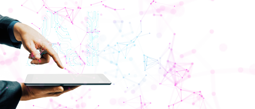Hands using tablet, digital circuit network, white background, technology concept