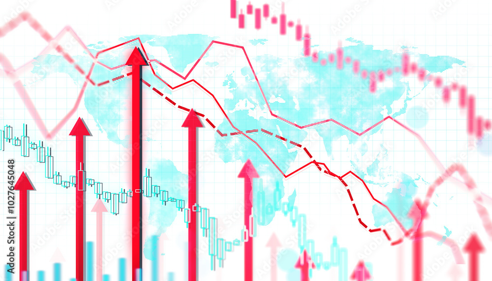 Poster financial data with red arrows and world map on white background, concept of market trends. 3d rende