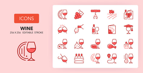 Obraz premium Line icons about wine and wine pairing. Contains such icons as tasting, sommeliers, grapes and more. 256x256 Pixel Perfect editable in two colors