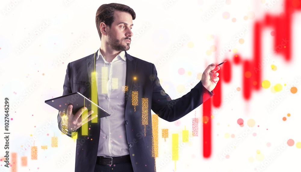 Poster man with tablet analyzing stock graphs, white background, finance concept