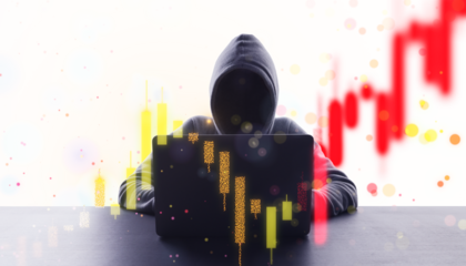 Hooded hacker using laptop with financial charts, white background