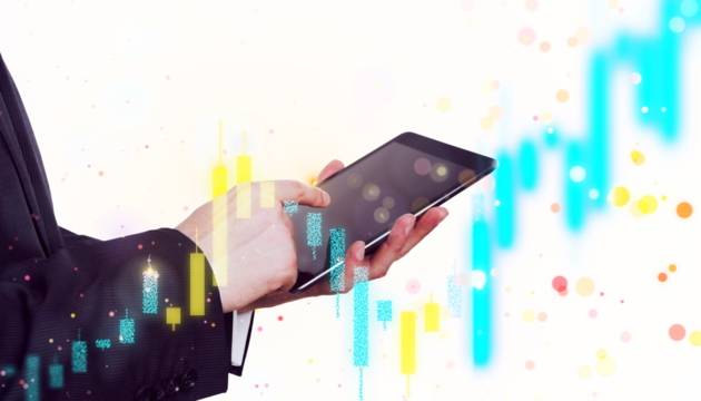 Hands holding tablet with chart overlay on white background, business concept