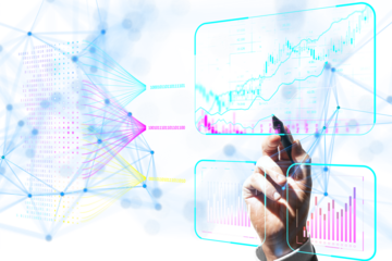 Hand interacting with digital charts on white background, data concept