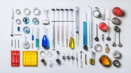 Various lab instruments neatly organized on a white backdrop for clarity.