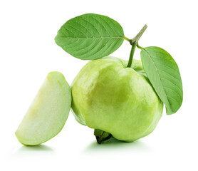 Fresh guava fruit with leaves and slices isolated white background