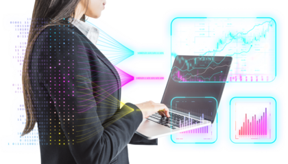 Businesswoman typing on laptop with digital financial charts, white background