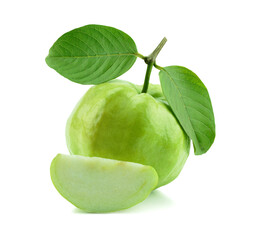 Fresh guava fruit with leaves and slices isolated white background