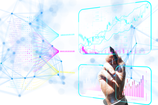 Hand interacting with digital charts on white background, data concept