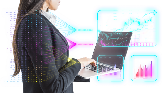 Businesswoman typing on laptop with digital financial charts, white background - Powered by Adobe