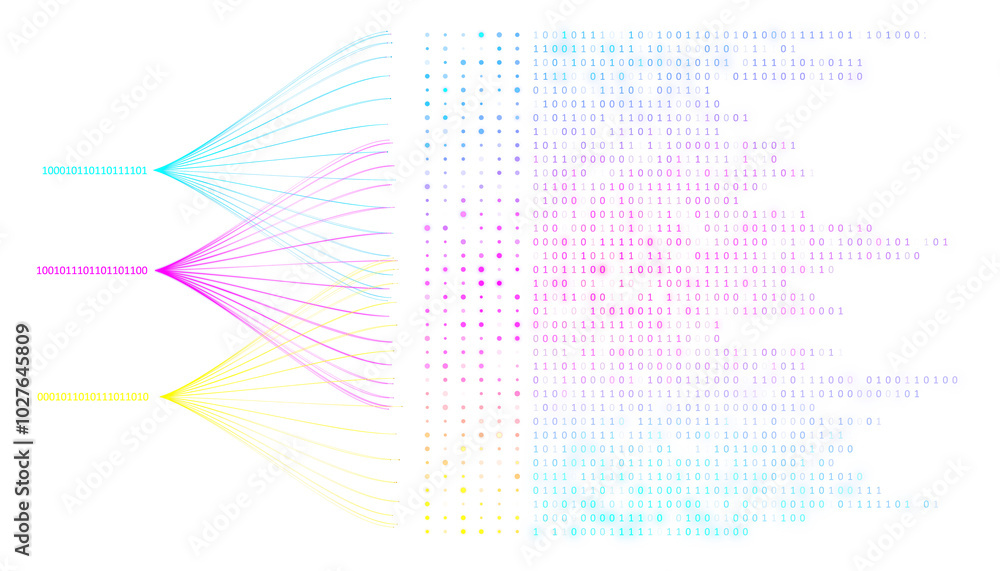 Poster Colorful data flow and binary code on white background, technology concept. 3D Rendering