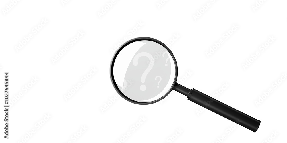 Fototapete Magnifying glass with several question marks on white background. 3D Rendering