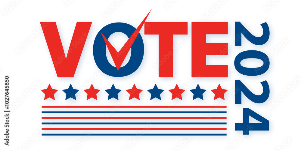 Poster vote 2024 red and blue text with stars on white background. 3d rendering