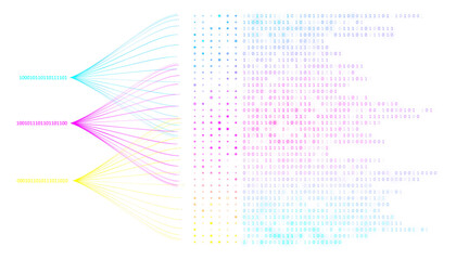 Colorful data flow and binary code on white background, technology concept. 3D Rendering
