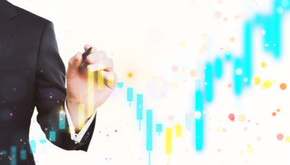 Businessman hand with a pen drawing candlestick chart, white background