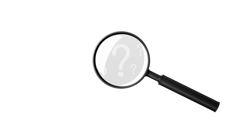 Magnifying glass with several question marks on white background. 3D Rendering
