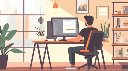 A digital marketer sitting in front of a computer, optimizing a local gym's Google My Business profile, focusing on adding photos and updating hours.