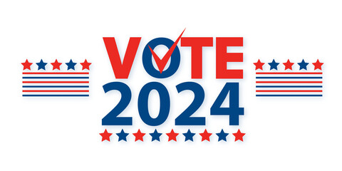 Red and blue Vote 2024 with stars, stripes, on white background. Election concept. 3D Rendering.