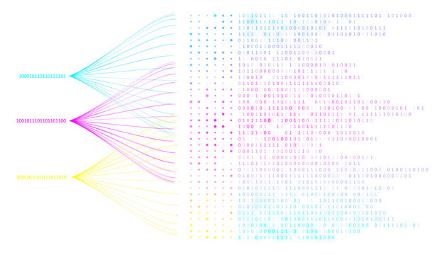 Colorful data flow and binary code on white background, technology concept. 3D Rendering