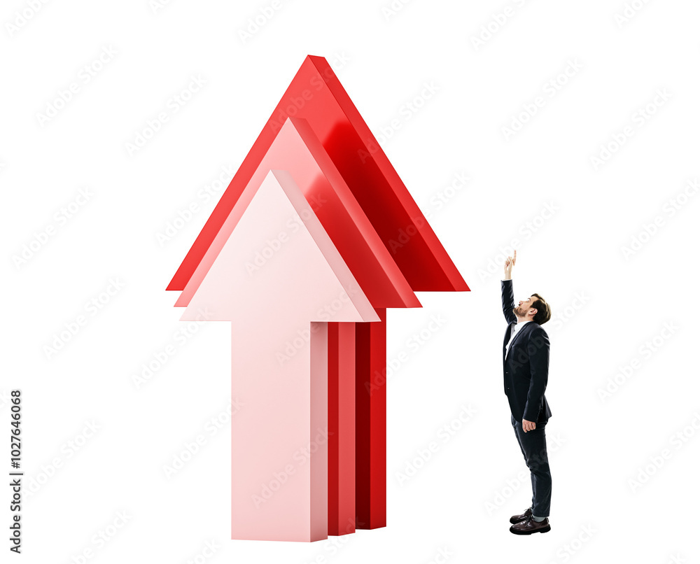 Poster man pointing at red arrows symbolizing growth on white background