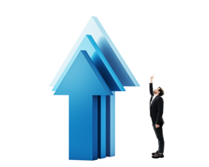 Man in business suit pointing at large blue arrows, white background