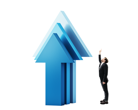 Man in business suit pointing at large blue arrows, white background