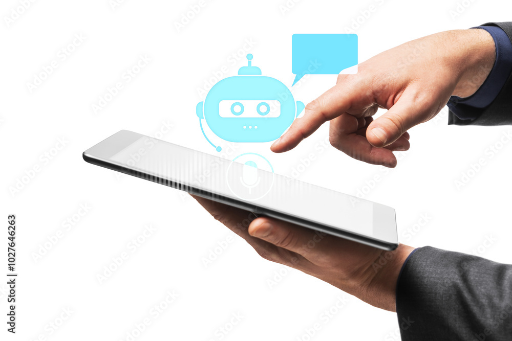 Poster hand with tablet touching chatbot icon on white background