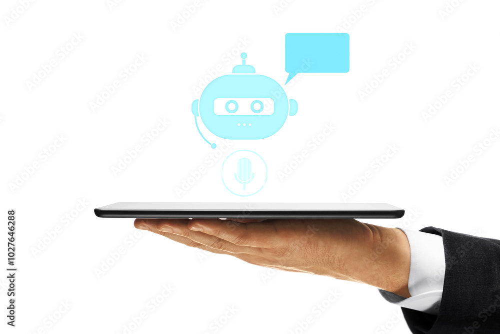 Poster hand holding tablet with chatbot and speech bubble on white background