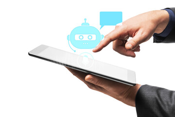 Hand with tablet touching chatbot icon on white background