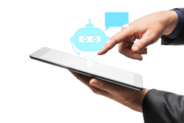 Hand with tablet touching chatbot icon on white background