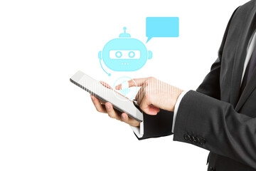 Businessman using tablet with chatbot icon, white background, concept of AI