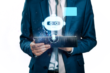 Businessman holding tablet with chatbot icon, white background, tech concept