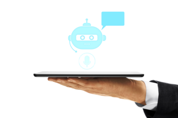 Hand holding tablet with chatbot and speech bubble on white background