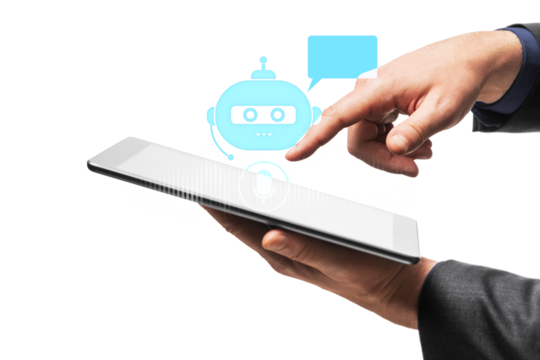 Hand with tablet touching chatbot icon on white background