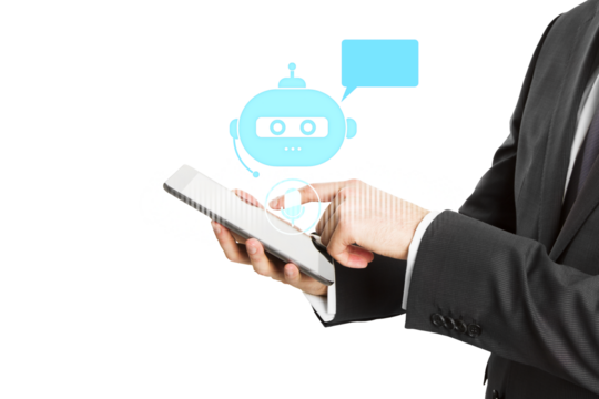 Businessman using tablet with chatbot icon, white background, concept of AI