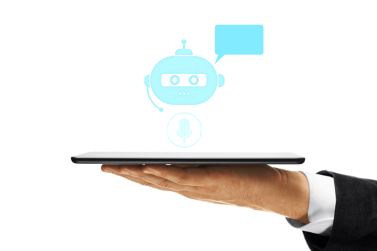 Hand holding tablet with chatbot and speech bubble on white background - Powered by Adobe