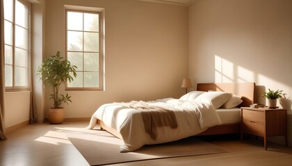 Bright and spacious sunny bedroom, filled with natural light, creating a warm and inviting atmosphere for relaxation and comfort