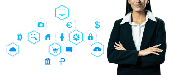 Woman in business suit with tech icons on white background