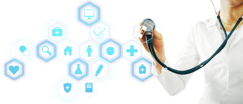 Doctor holding stethoscope, medical icons, white background, healthcare concept - Powered by Adobe