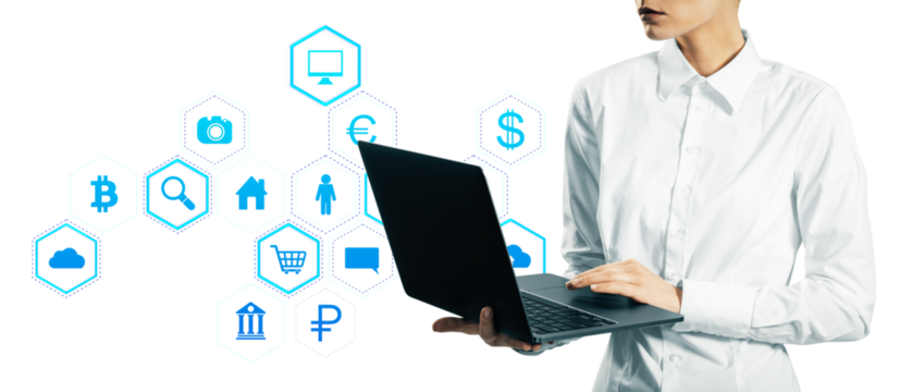 Businesswoman holding laptop with tech icons on white background