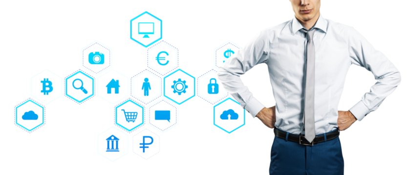 Businessman standing with arms akimbo, icons, white background