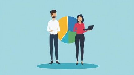 Simple flat vector of a man and woman presenting business analysis data on a pie chart, focusing on clean lines and minimalist graphic elements.