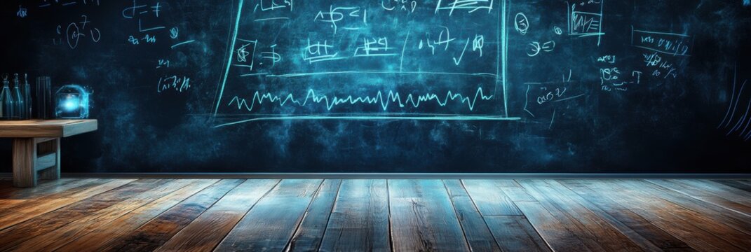 Holographic Chalkboard with Neon Blue Equations, a futuristic learning tool showcasing advanced technology in education, illuminating knowledge in a digital age