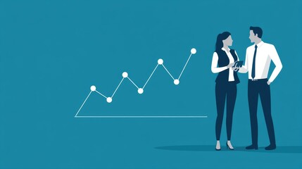 Two business professionals standing in front of a large line graph, discussing key business growth data points in a clean, flat vector illustration.