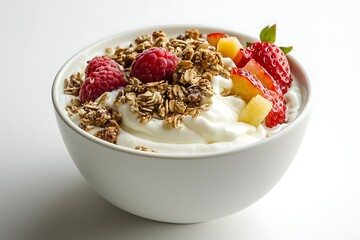 bowl of yogurt, fruit and granola isolated in white background