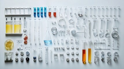 Top-down shot of beakers and flasks arranged in an organized manner.